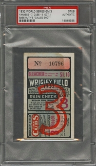 1932 World Series Game 3 Yankees vs Cubs Ticket Stub - "Babe Ruths Called Shot" - PSA Authentic (Babe Ruth W.S. Number 10 of 10)